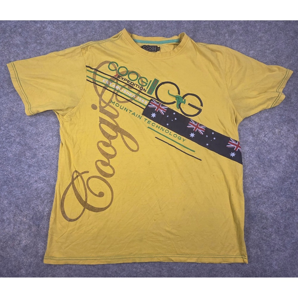 Coogi Expedition Mountain Technology Yellow Graphic T-Shirt Mens 2XL Cotton